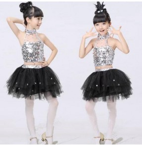 Silver black patchwork girls kids child children toddlers modern dance jazz dance t show school play dance outfits costumes
